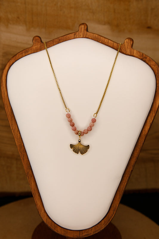 Sautoir Rhodonite et feuille de Gingko