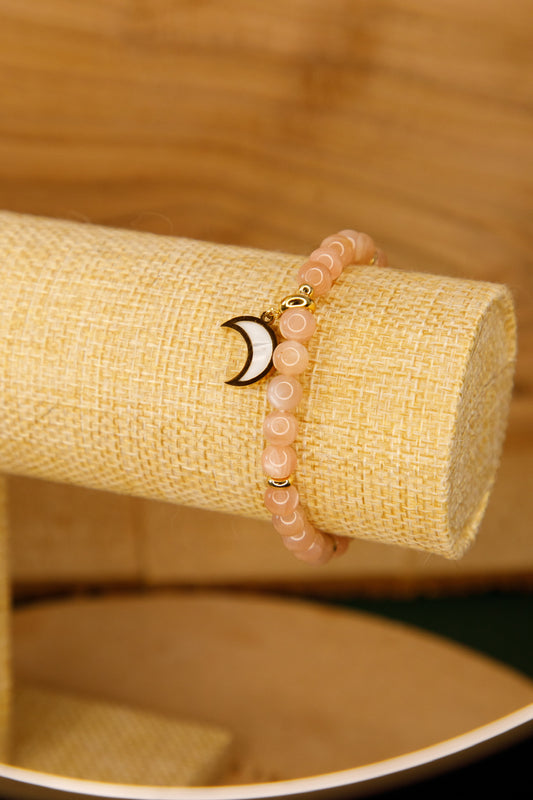Bracelet boule 08 mm Pierre de Lune Pêche et Pierre de Soleil avec pendentif Lune en Nacre